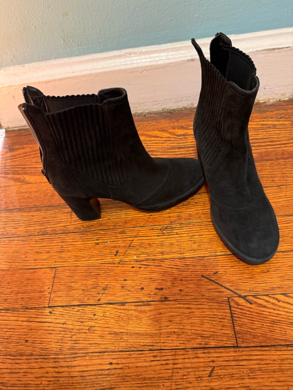 Black Suede Mid-Heel Ankle Boots - Women